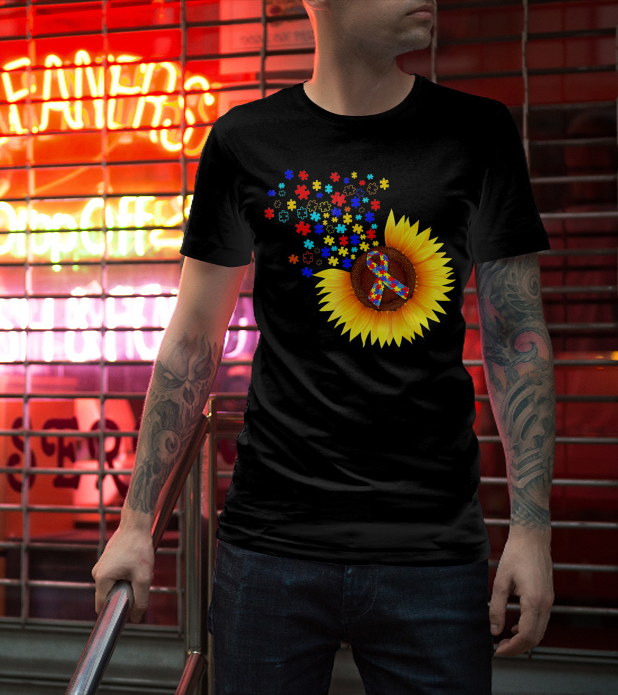 Sunflower Autism Awareness Ribbon With Colorful Puzzle Pieces T-Shirt
