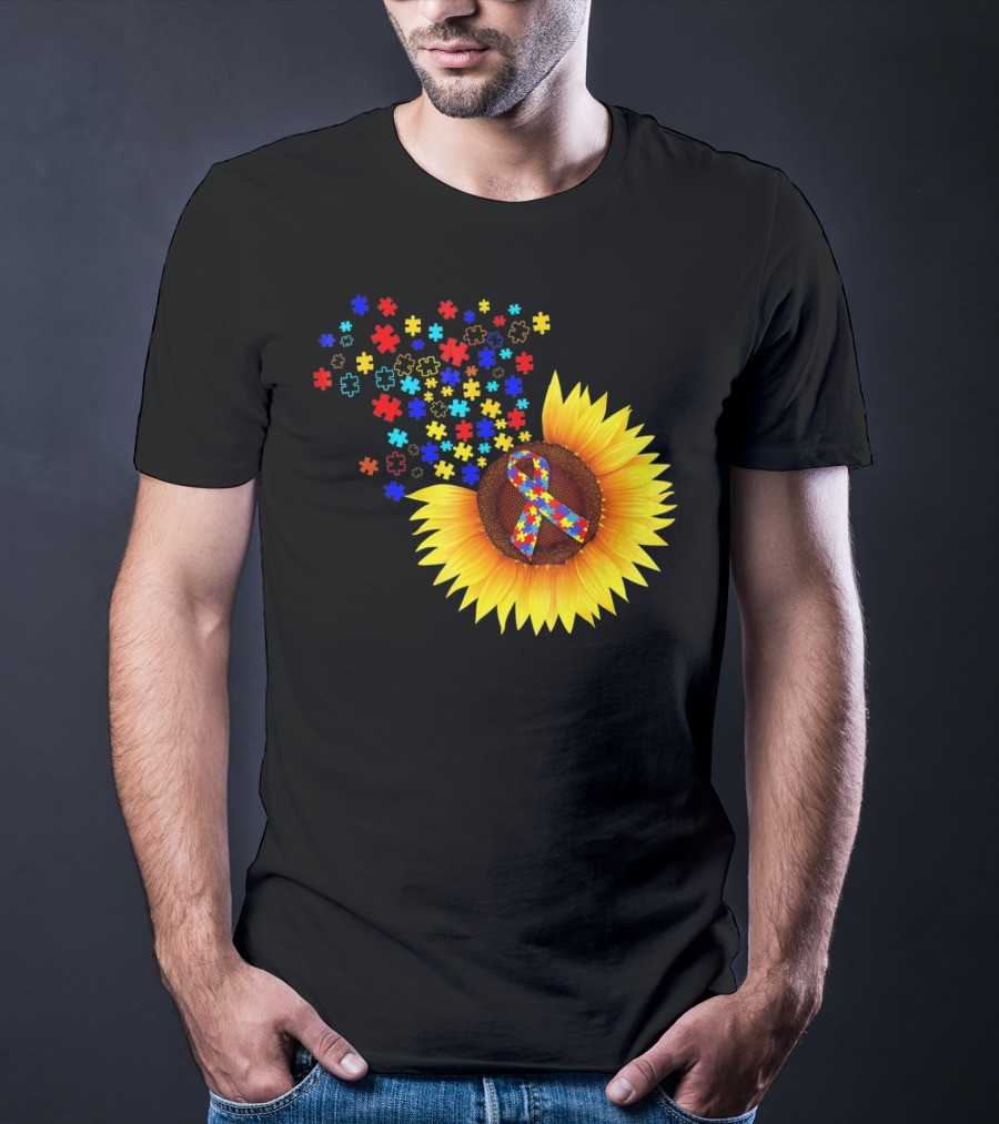 Sunflower Autism Awareness Ribbon With Colorful Puzzle Pieces T-Shirt