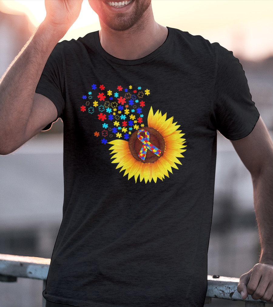 Sunflower Autism Awareness Ribbon With Colorful Puzzle Pieces T-Shirt