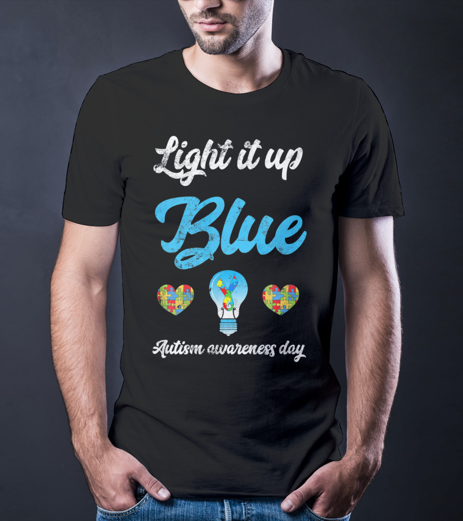 Light It Up Blue Autism Awareness Day Puzzle Hearts Lightbulb T-Shirt