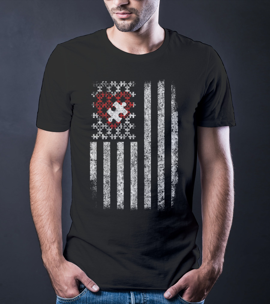 American Flag Heart Puzzle Autism T-Shirt