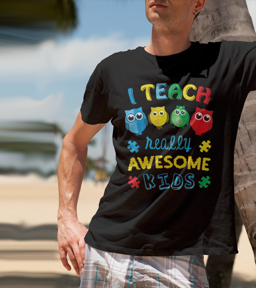 I Teach Really Awesome Kids Autism Teacher Awareness Cute Owl T-Shirt