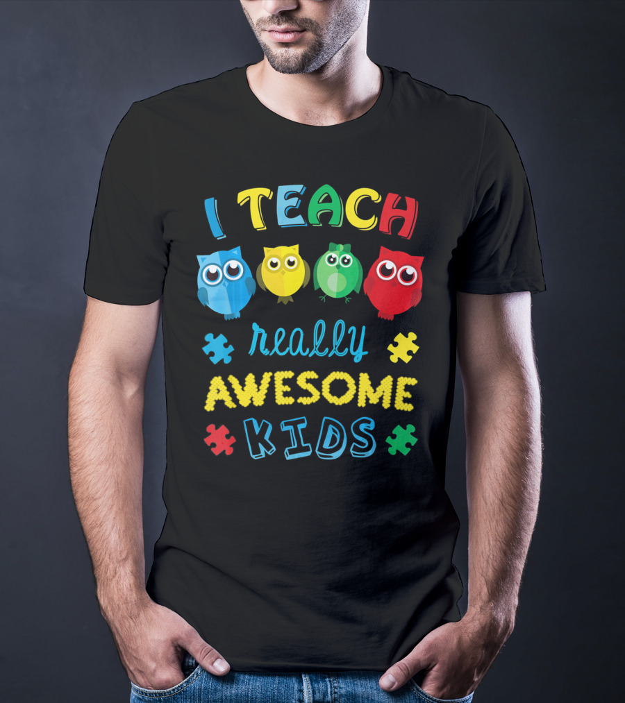 I Teach Really Awesome Kids Autism Teacher Awareness Cute Owl T-Shirt