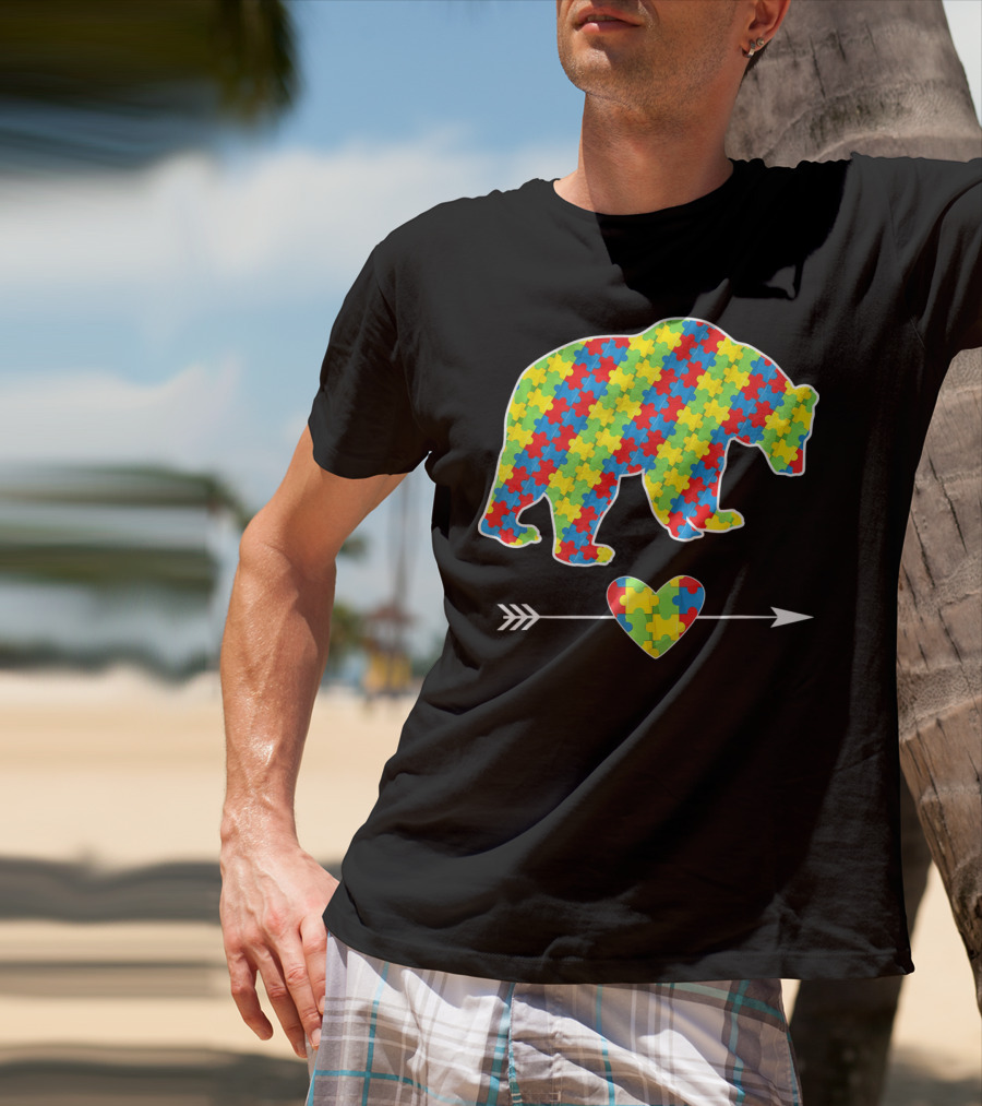 Bear With Puzzle Pieces And Arrow Heart Autism Awareness T-Shirt