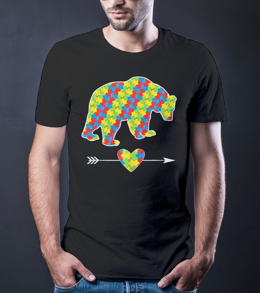 Bear With Puzzle Pieces And Arrow Heart Autism Awareness T-Shirt