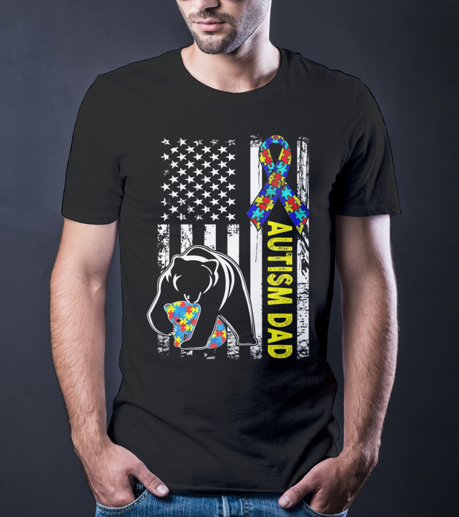 Autism Dad Awareness Bear American Flag Puzzle T-Shirt