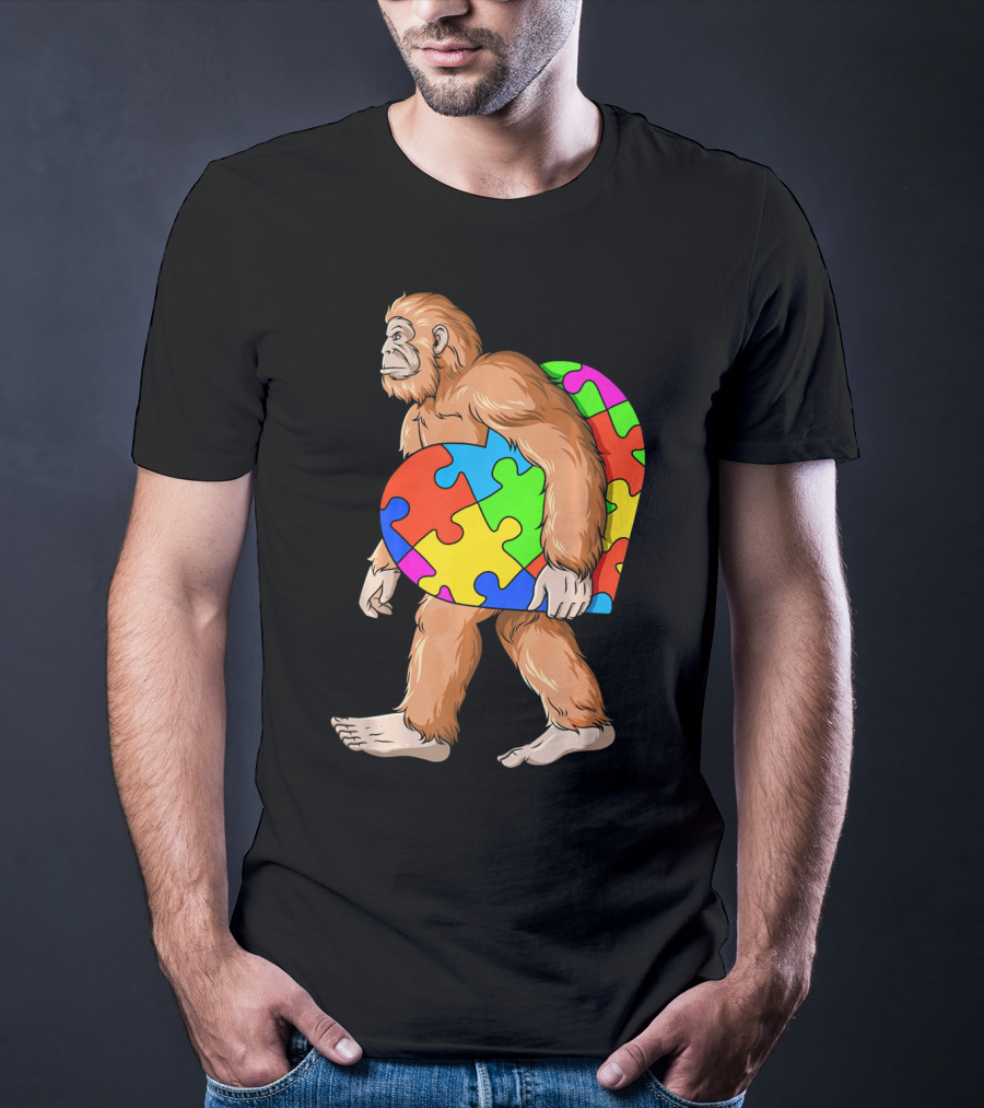 Bigfoot Holding Heart-Shaped Autism Awareness Puzzle T-Shirt