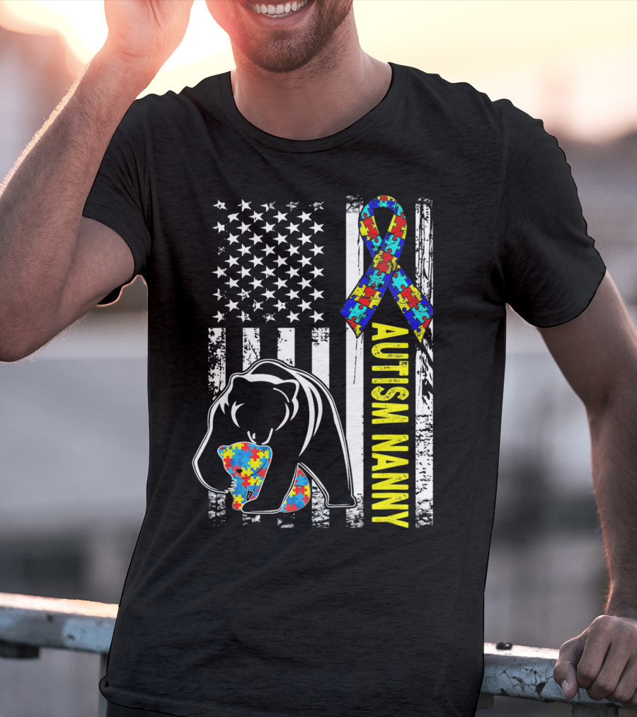 Autism Nanny Puzzle Ribbon Bear American Flag Awareness T-Shirt