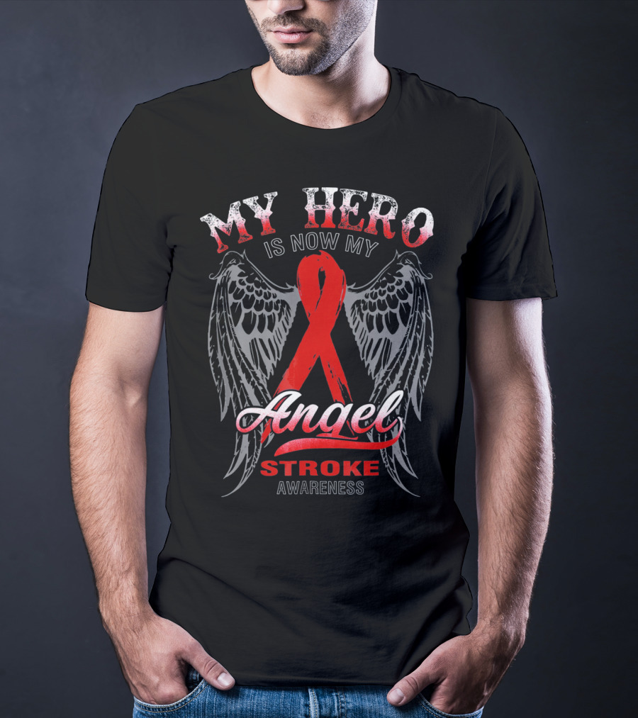 My Hero Is Now My Angel Stroke Awareness Wings Red Ribbon T-Shirt
