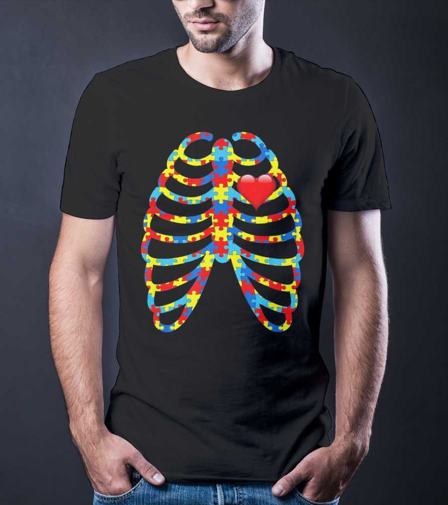 Colorful Puzzle Skeleton Rib Cage Autism Awareness Heart T-Shirt