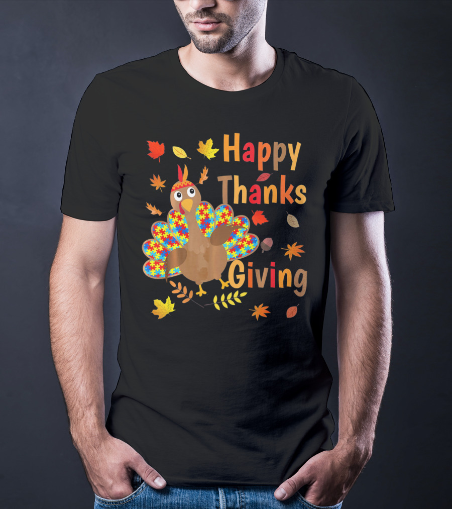 Happy Thanksgiving Turkey Autism Awareness Puzzle Piece Leaves T-Shirt