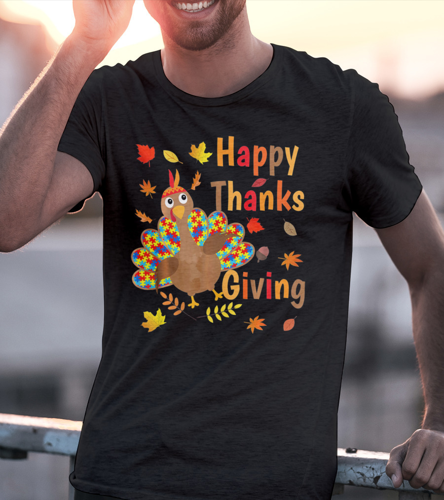 Happy Thanksgiving Turkey Autism Awareness Puzzle Piece Leaves T-Shirt