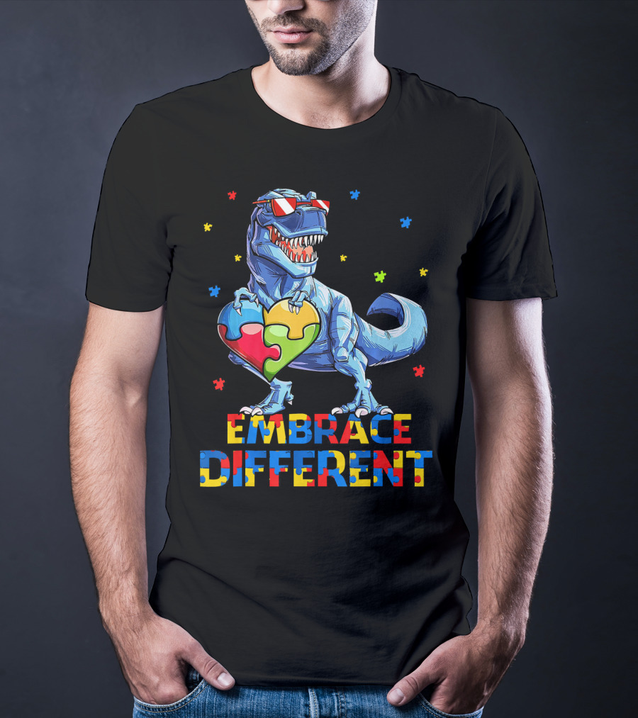 T Rex Embrace Different Autism Awareness Puzzle Heart T-Shirt