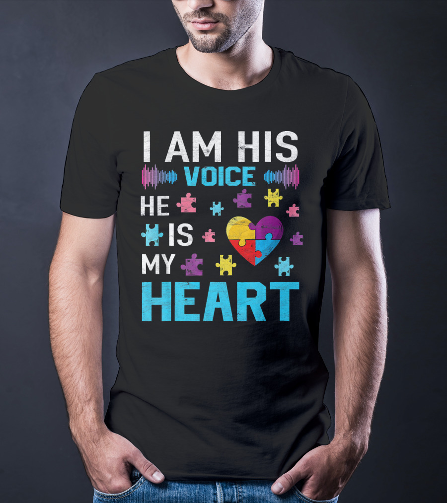 I Am His Voice He Is My Heart Puzzle Heart Autism Awareness T-Shirt