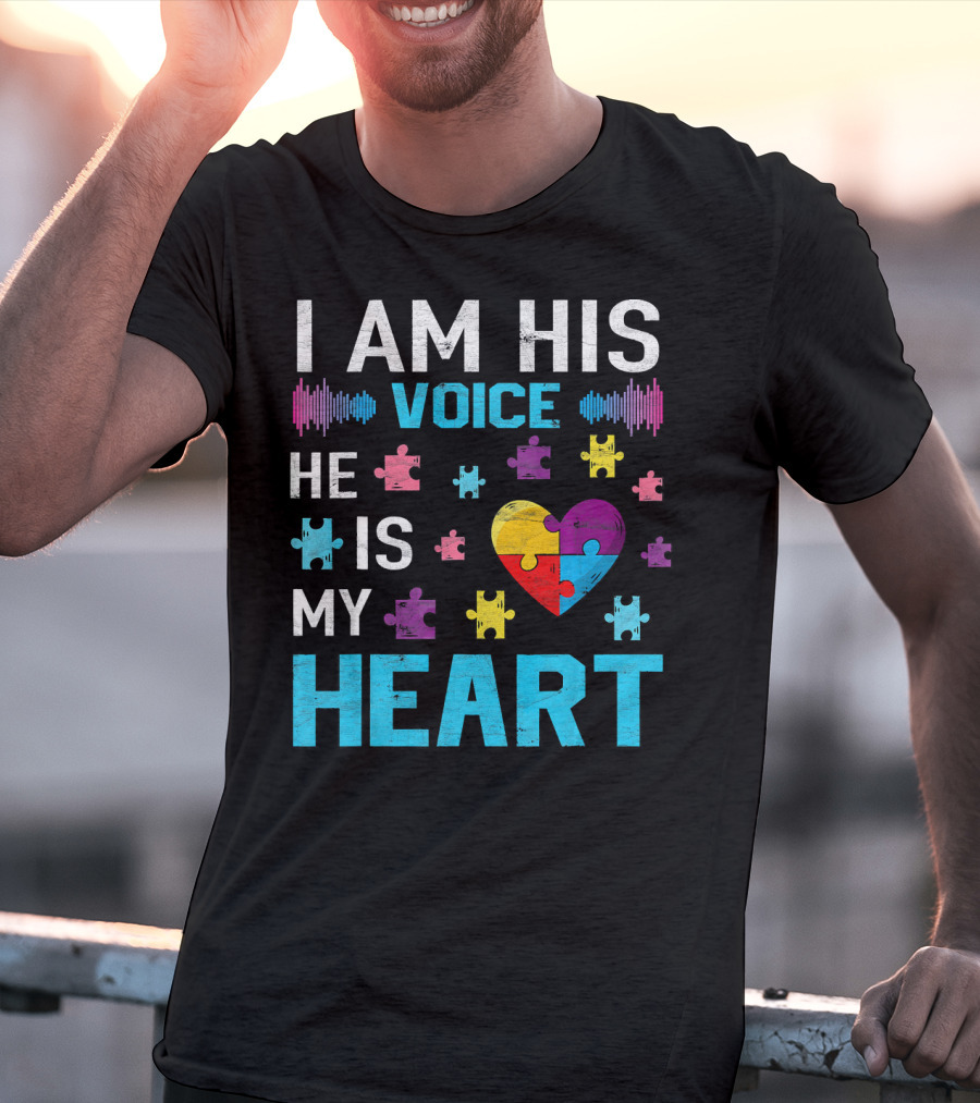 I Am His Voice He Is My Heart Puzzle Heart Autism Awareness T-Shirt