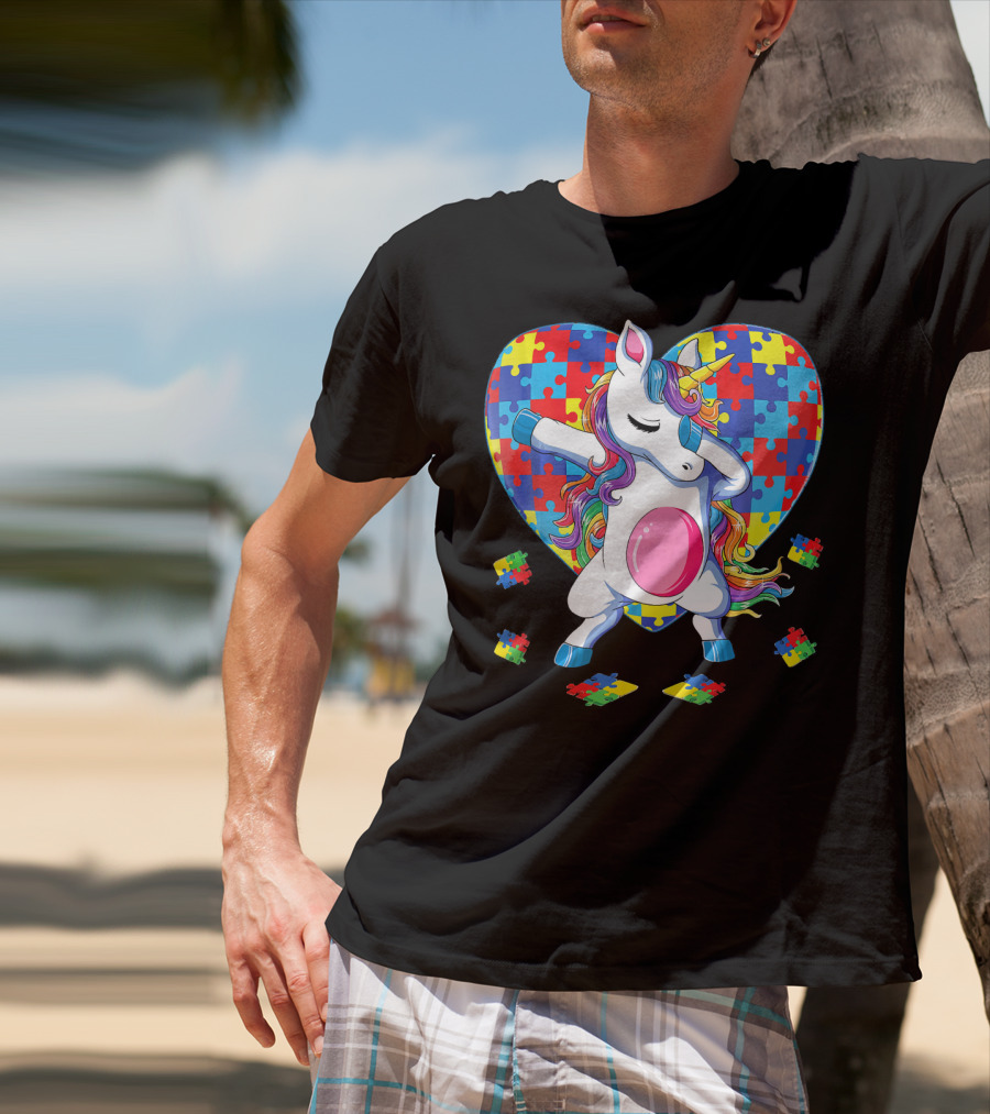 Dabbing Unicorn With Autism Awareness Puzzle Heart T-Shirt