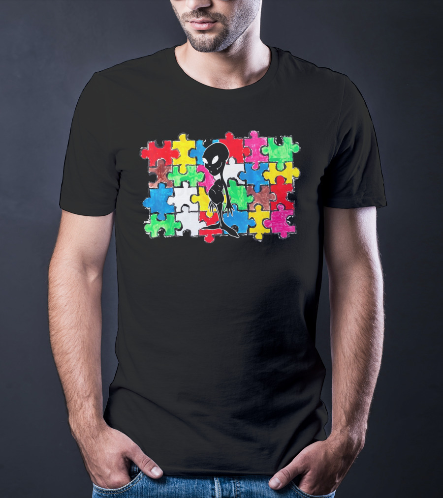 Alien UFO Autism Awareness Puzzle Piece T-Shirt