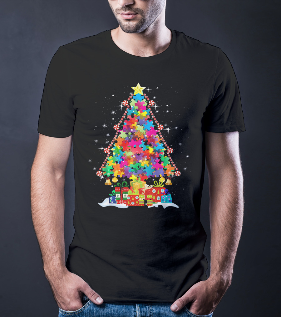 Autism Awareness Puzzle Pieces Christmas Tree With Star And Presents T-Shirt