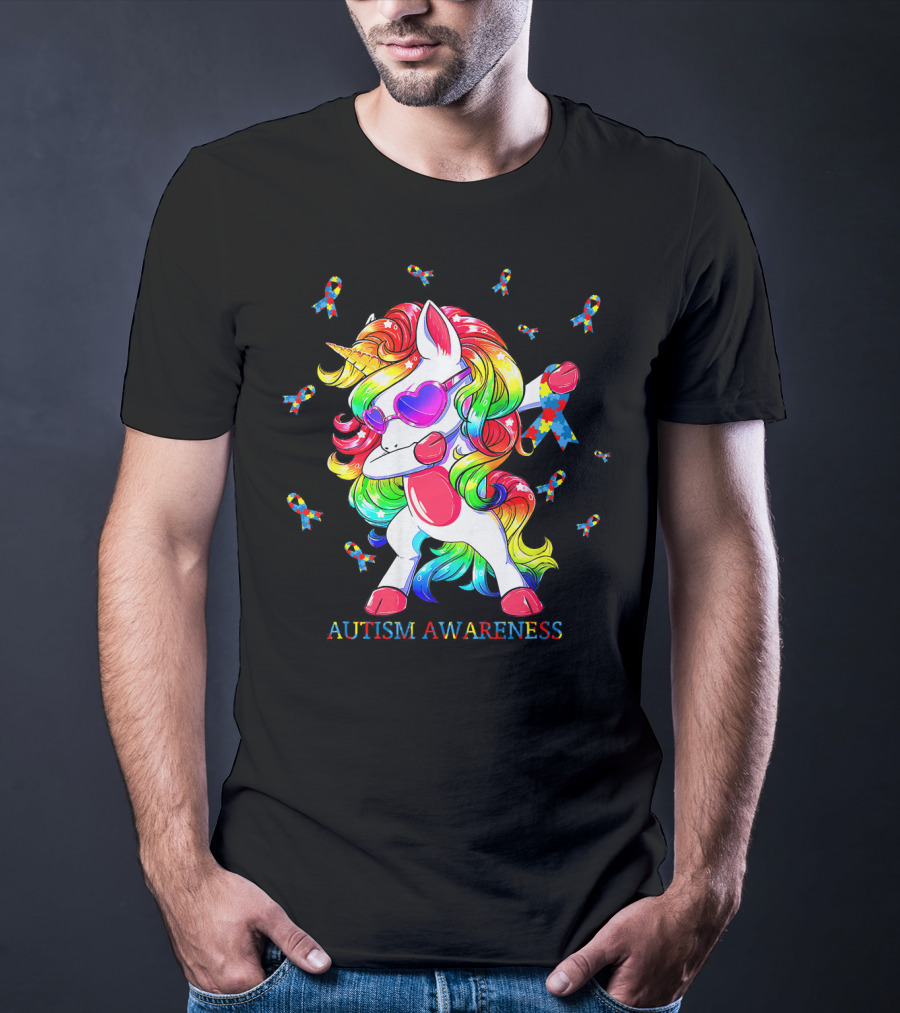 Autism Awareness Dabbing Unicorn Puzzle Ribbon T-Shirt