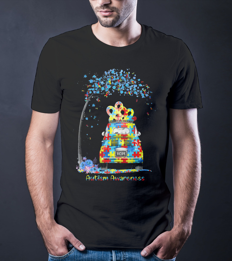 HOPE Hippie Van Puzzle Pieces Ribbon Autism Awareness T-Shirt