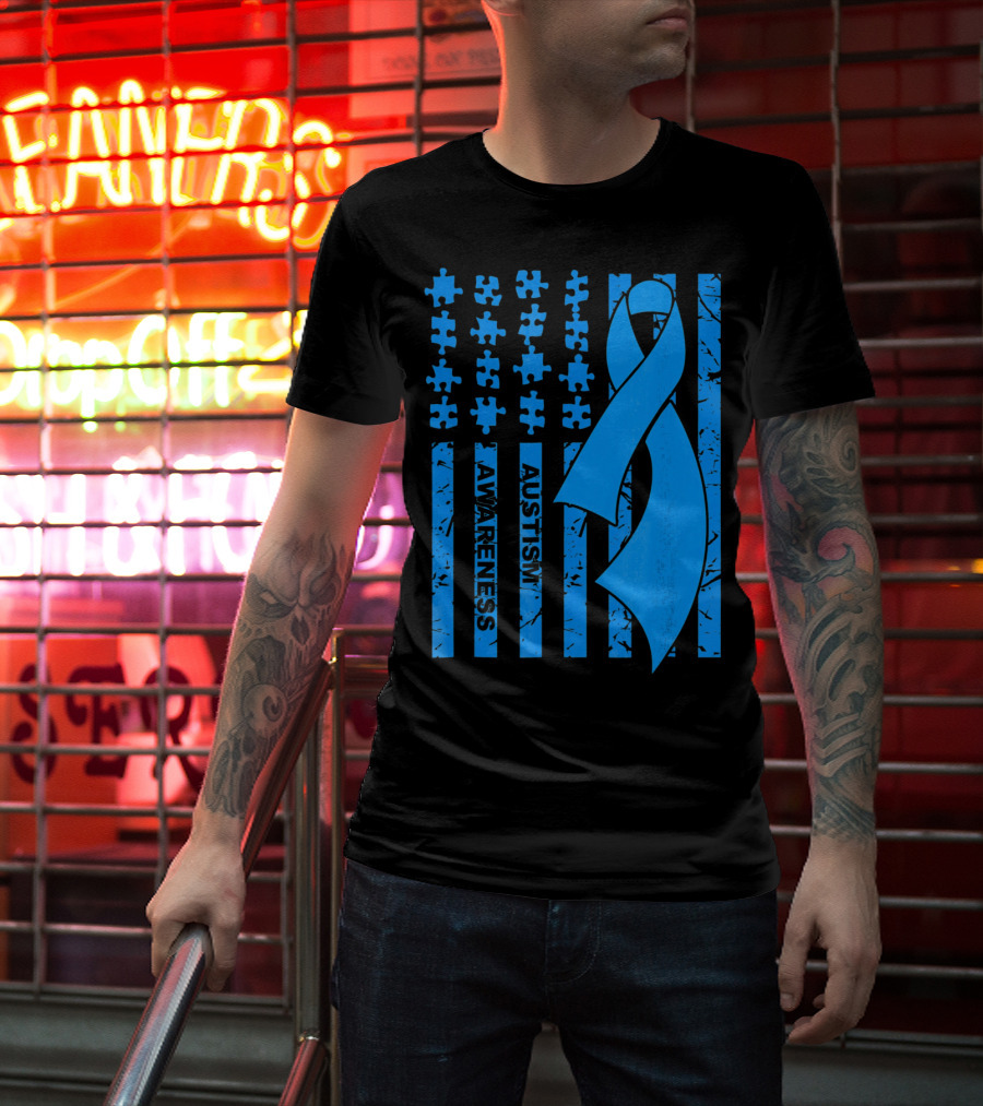 Autism Awareness Flag With Puzzle Pieces And Blue T-Shirt