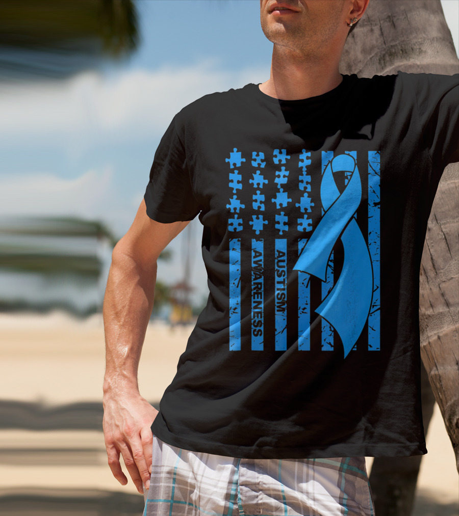 Autism Awareness Flag With Puzzle Pieces And Blue T-Shirt