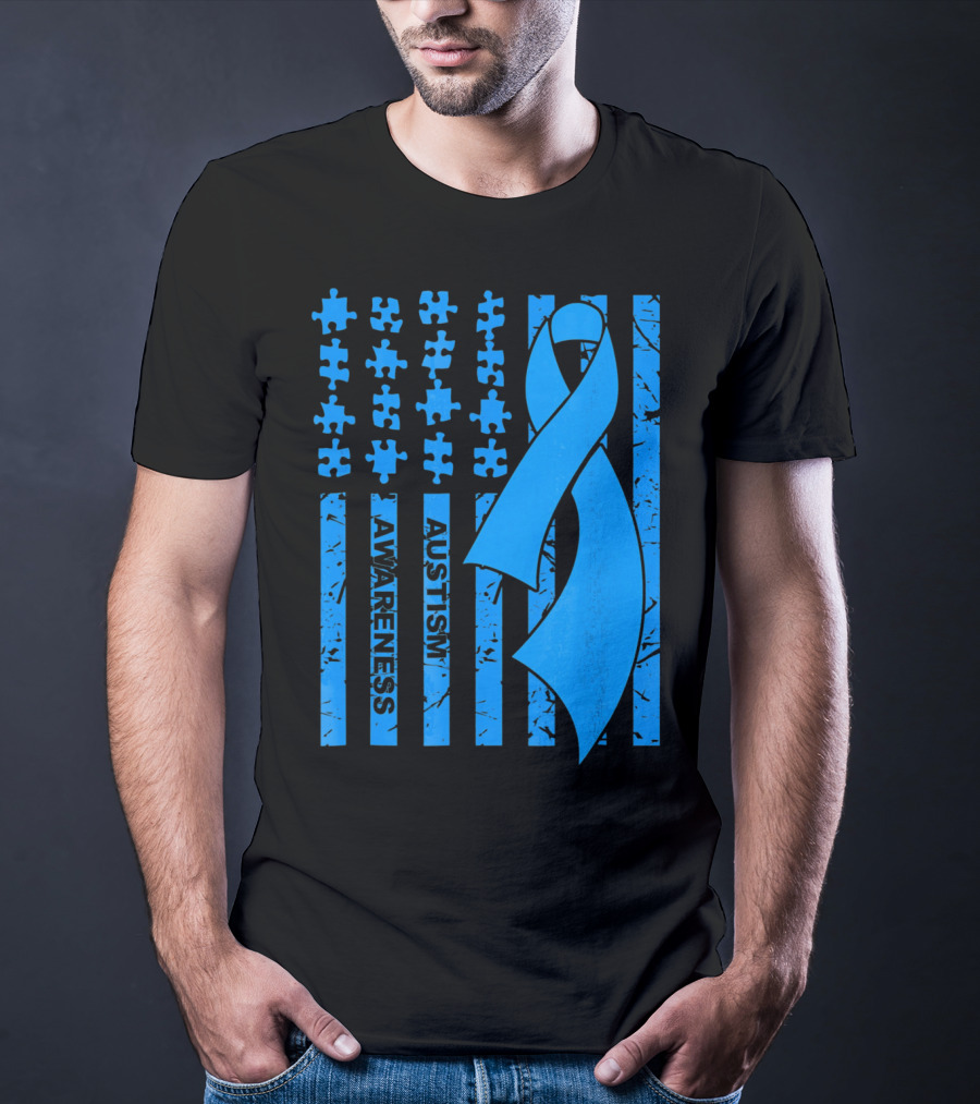 Autism Awareness Flag With Puzzle Pieces And Blue T-Shirt