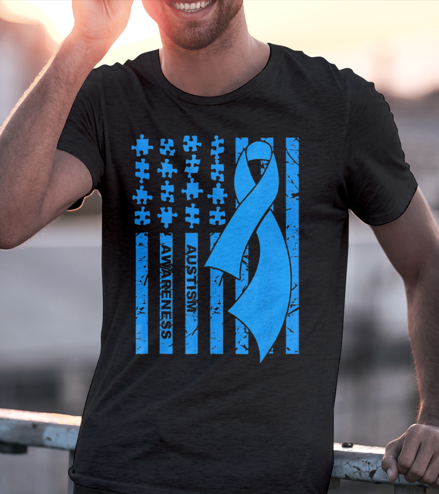 Autism Awareness Flag With Puzzle Pieces And Blue T-Shirt