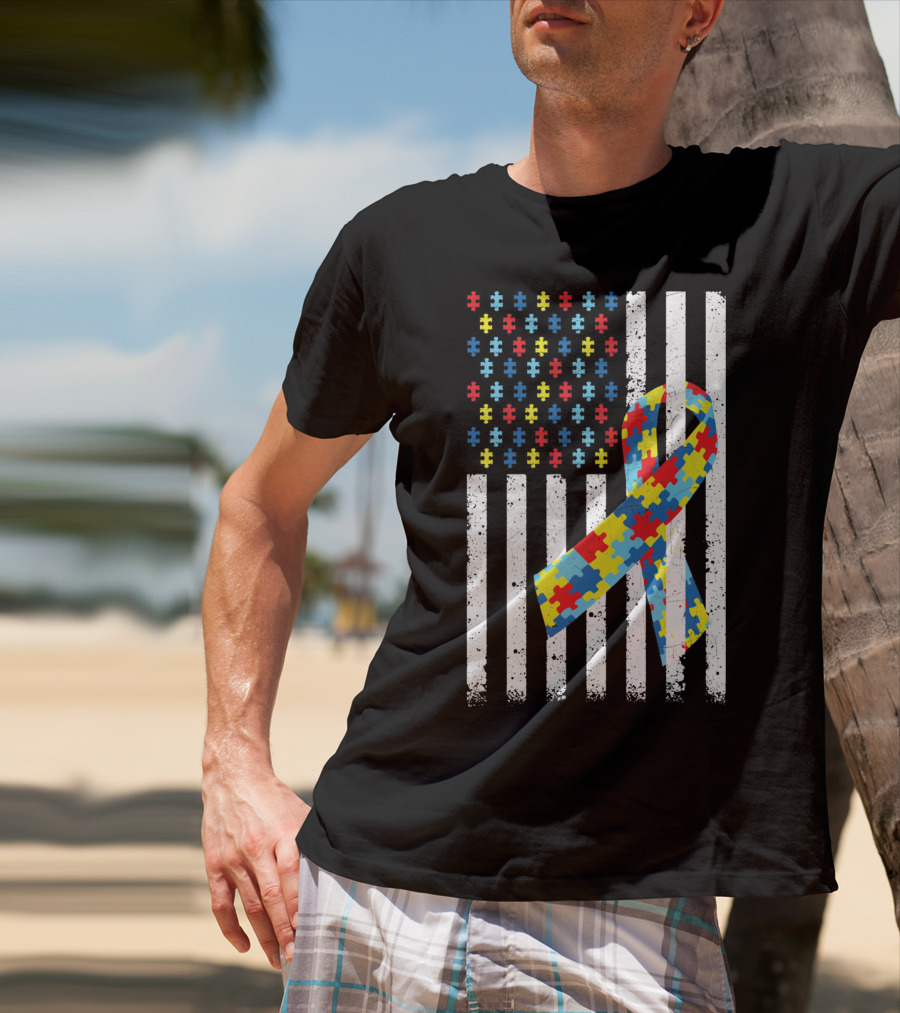 American Flag Puzzle Ribbon Autism Awareness T-Shirt
