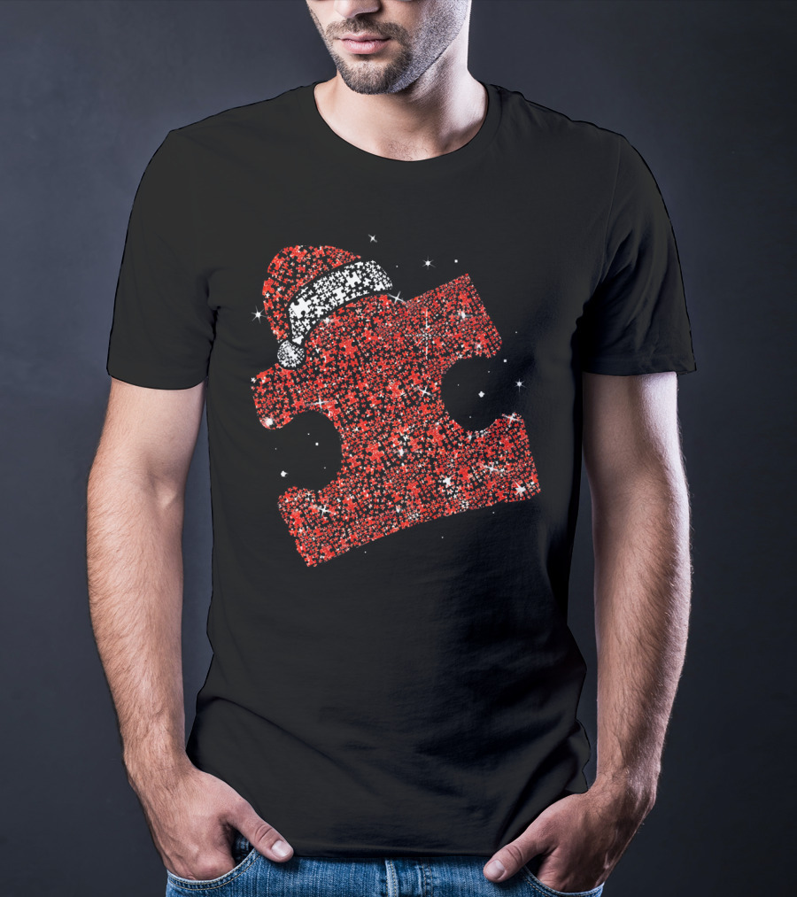 Autism Awareness Xmas Christmas Puzzle Piece With Santa Hat T-Shirt