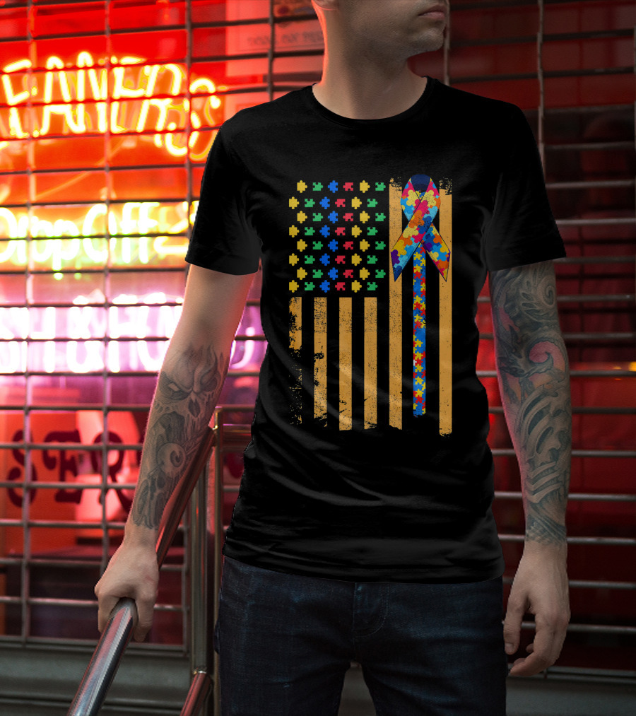 Autism Awareness Day American Flag Puzzle Ribbon T-Shirt