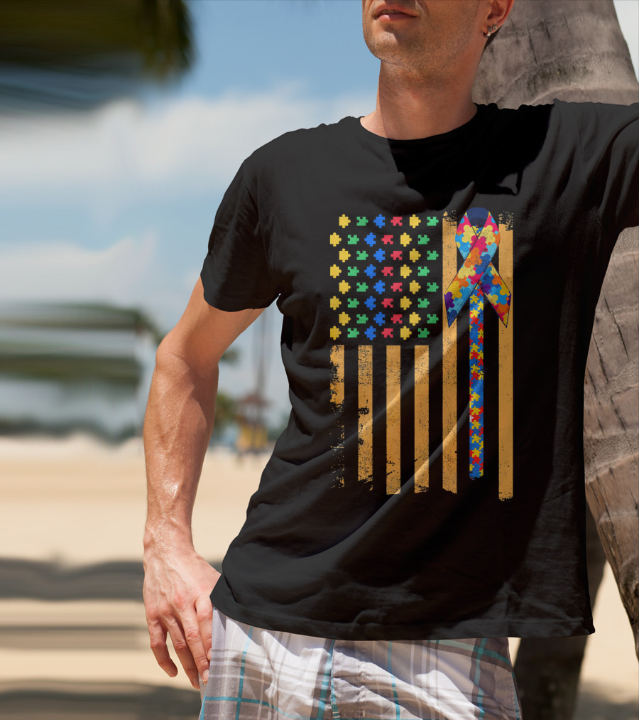 Autism Awareness Day American Flag Puzzle Ribbon T-Shirt