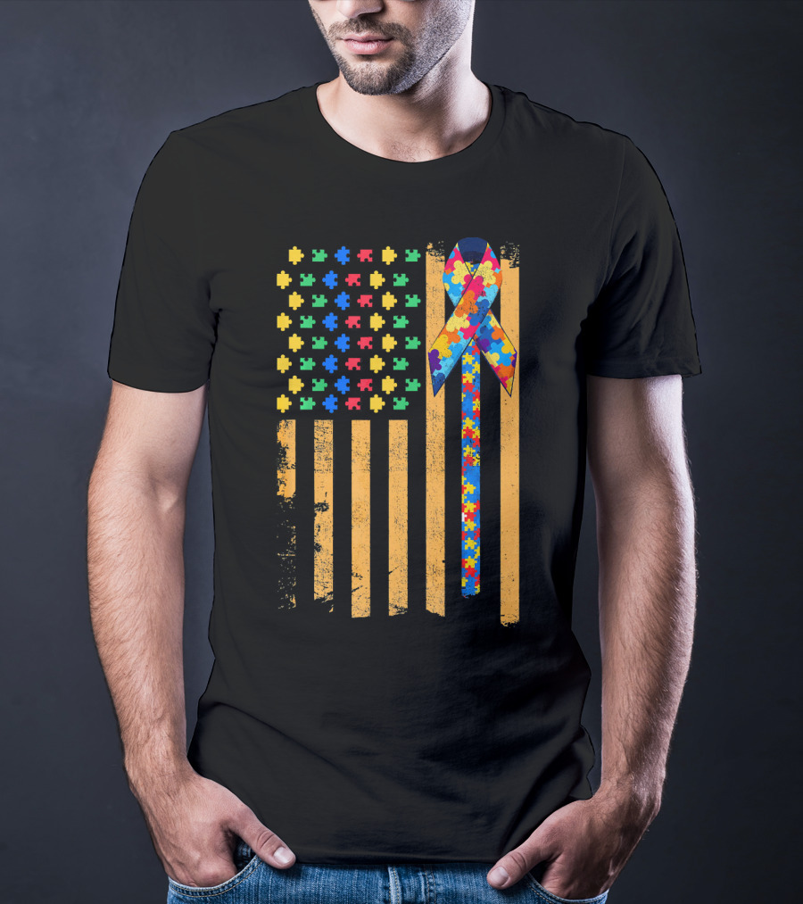 Autism Awareness Day American Flag Puzzle Ribbon T-Shirt