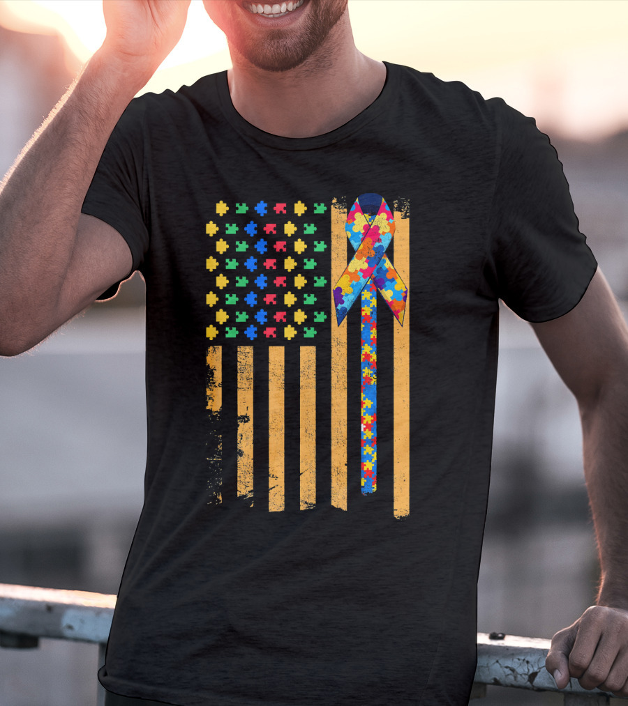 Autism Awareness Day American Flag Puzzle Ribbon T-Shirt