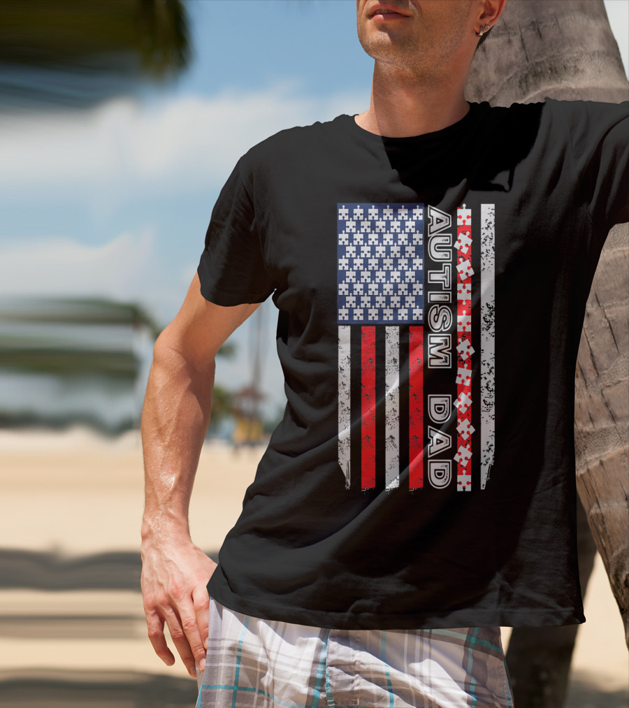 Mens Autism Dad American Flag Puzzle Piece Awareness T-Shirt