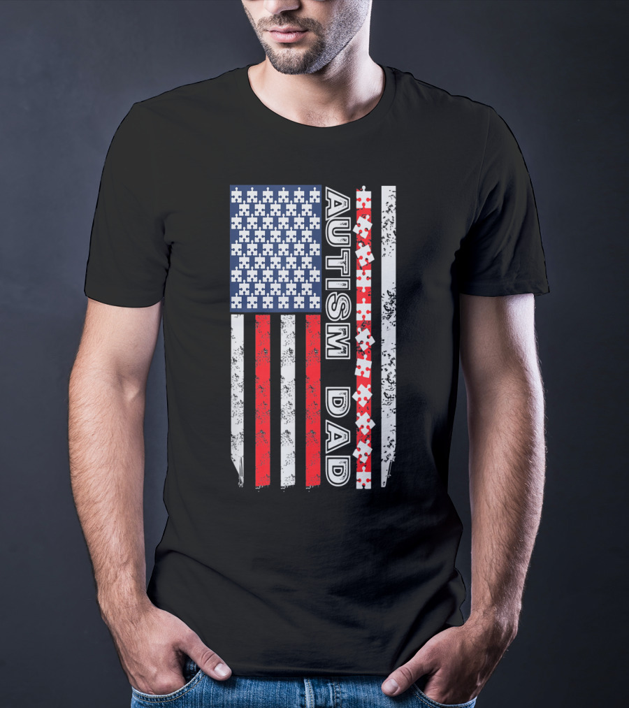 Mens Autism Dad American Flag Puzzle Piece Awareness T-Shirt