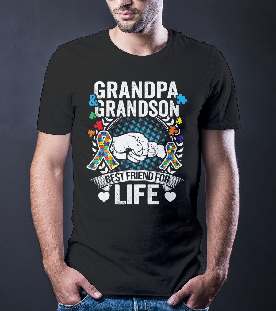 Grandpa And Grandson Best Friend For Life Autism Awareness Fist Bump Puzzle T-Shirt