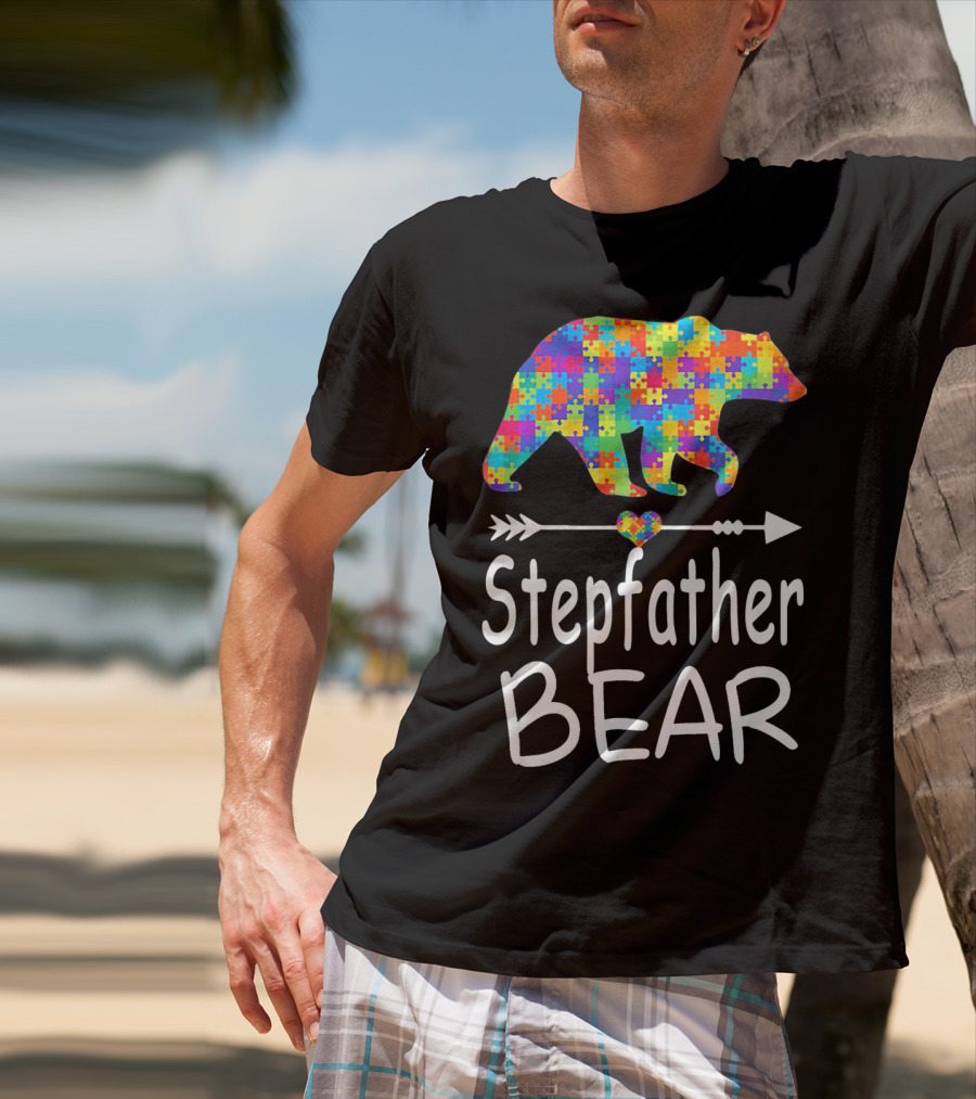 Stepfather Bear Puzzle Pattern Autism Awareness Family T-Shirt