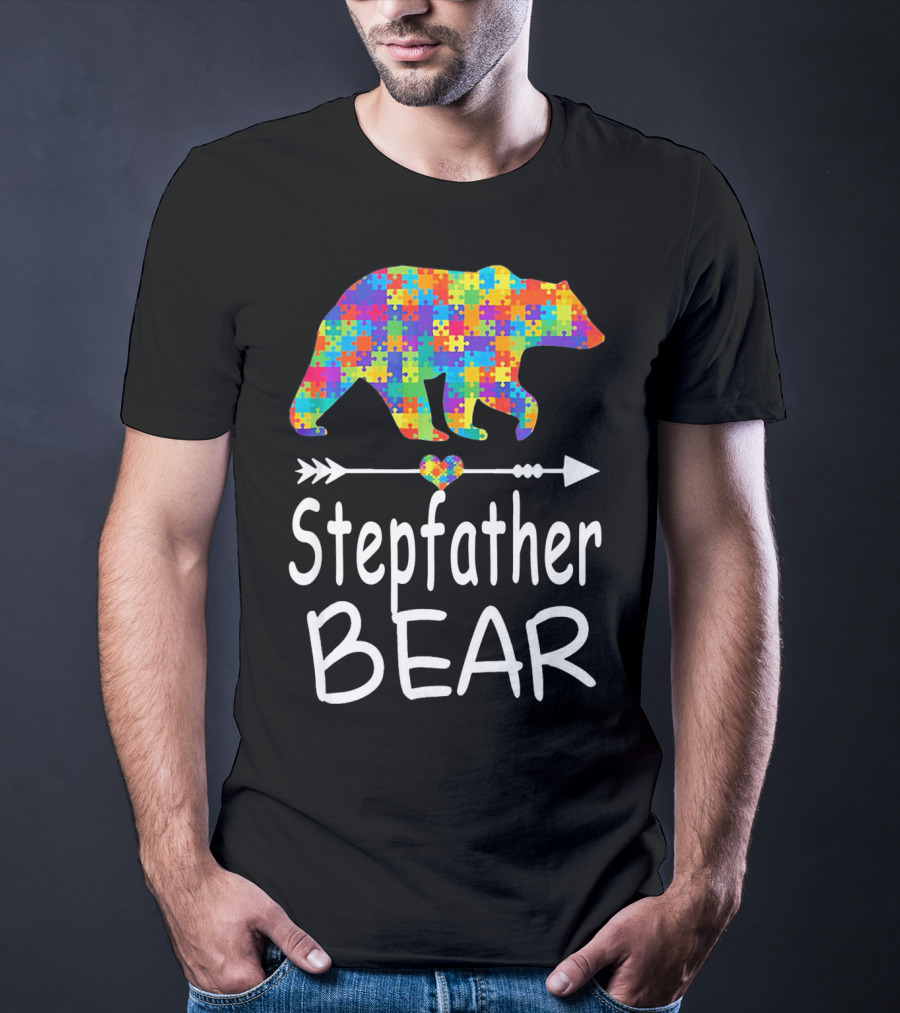 Stepfather Bear Puzzle Pattern Autism Awareness Family T-Shirt