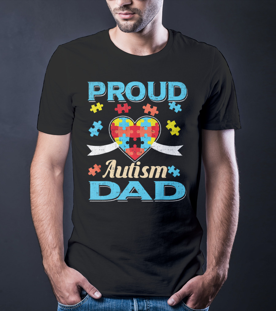 Proud Autism Dad Puzzle Heart Autism Awareness T-Shirt