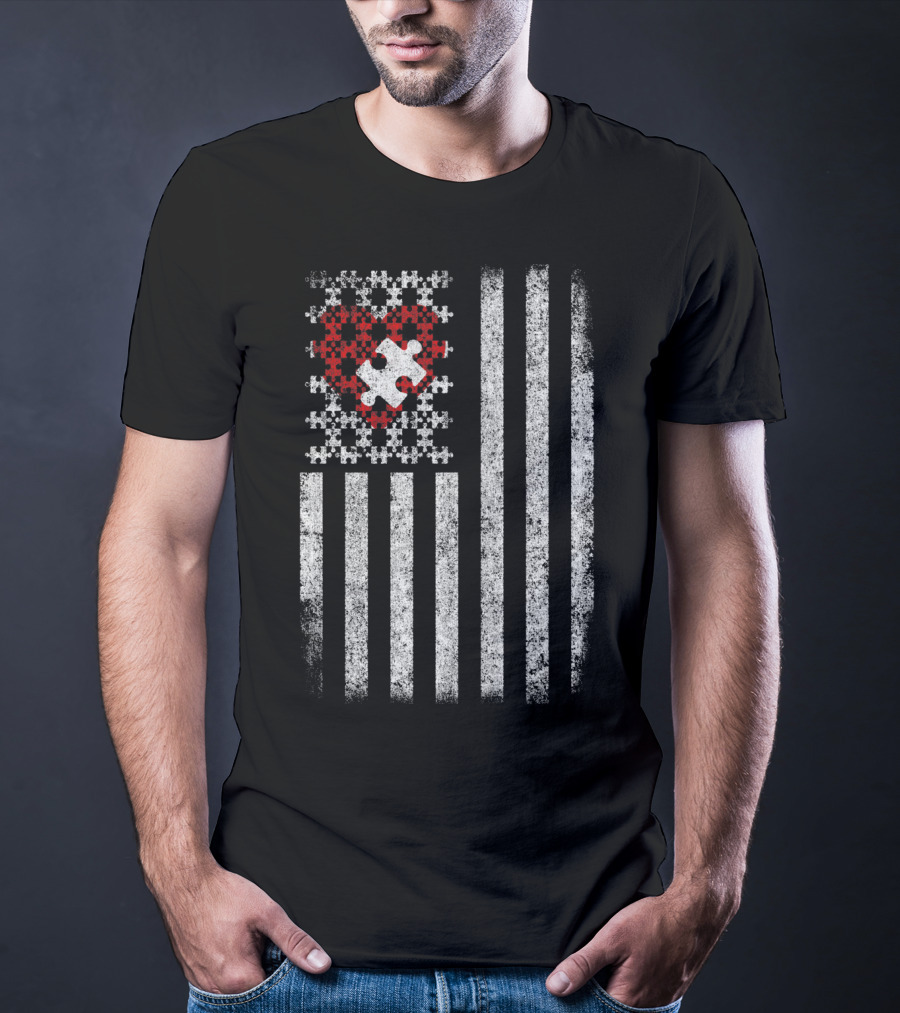 Autism Awareness American Flag Red Heart Puzzle Piece T-Shirt