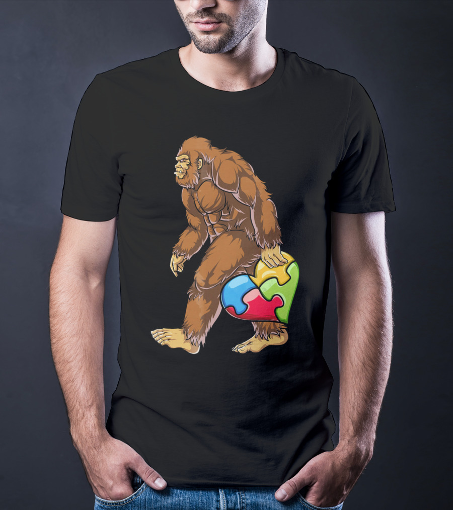 Bigfoot Holding Puzzle Piece Heart Autism Awareness T-Shirt