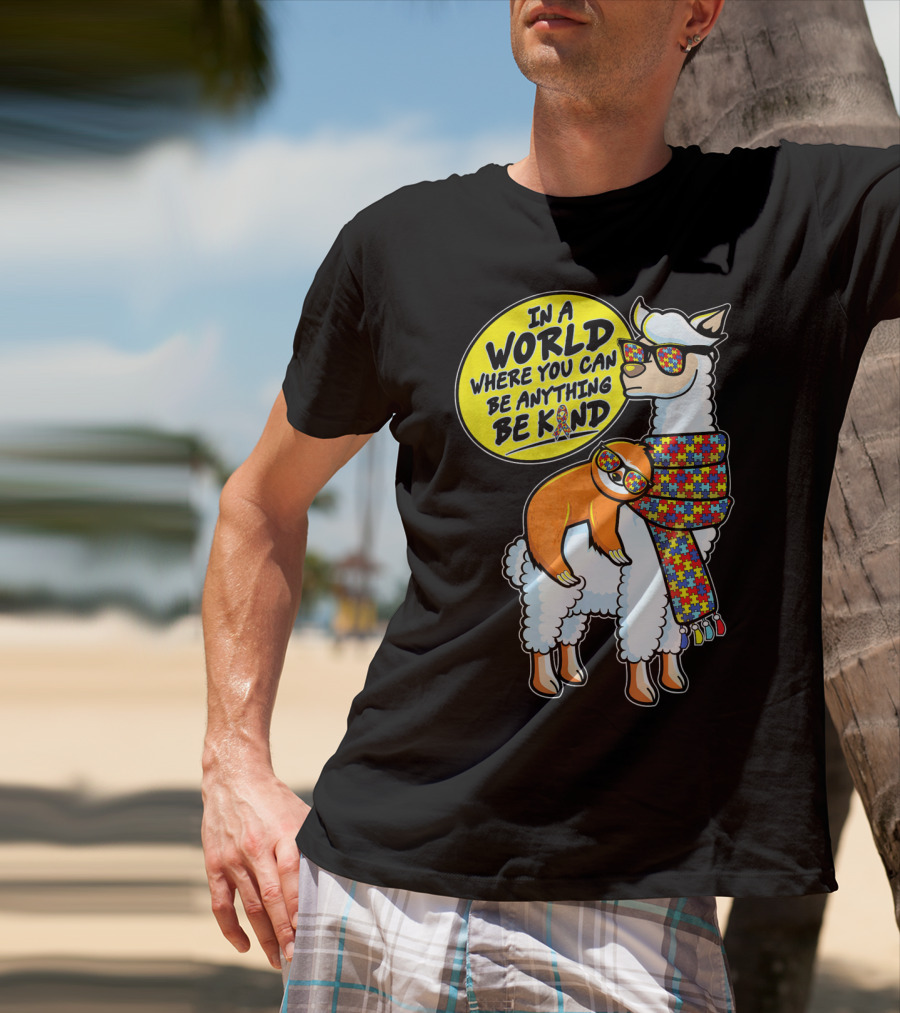 In A World Where You Can Be Anything Be Kind Autism Awareness Sloth Riding Llama T-Shirt