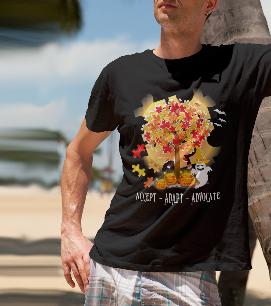 Accept Adapt Advocate Halloween Autism Awareness Ghost Pumpkin Puzzle Bats T-Shirt