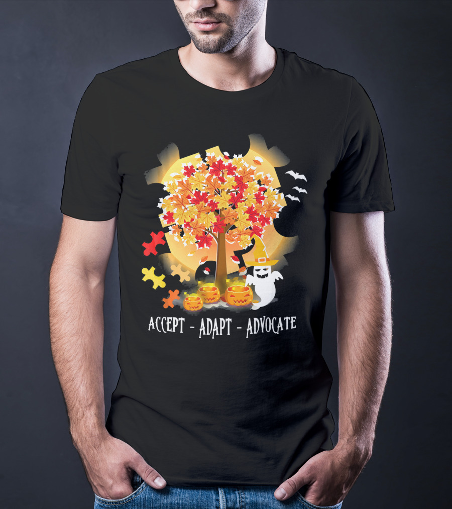 Accept Adapt Advocate Halloween Autism Awareness Ghost Pumpkin Puzzle Bats T-Shirt