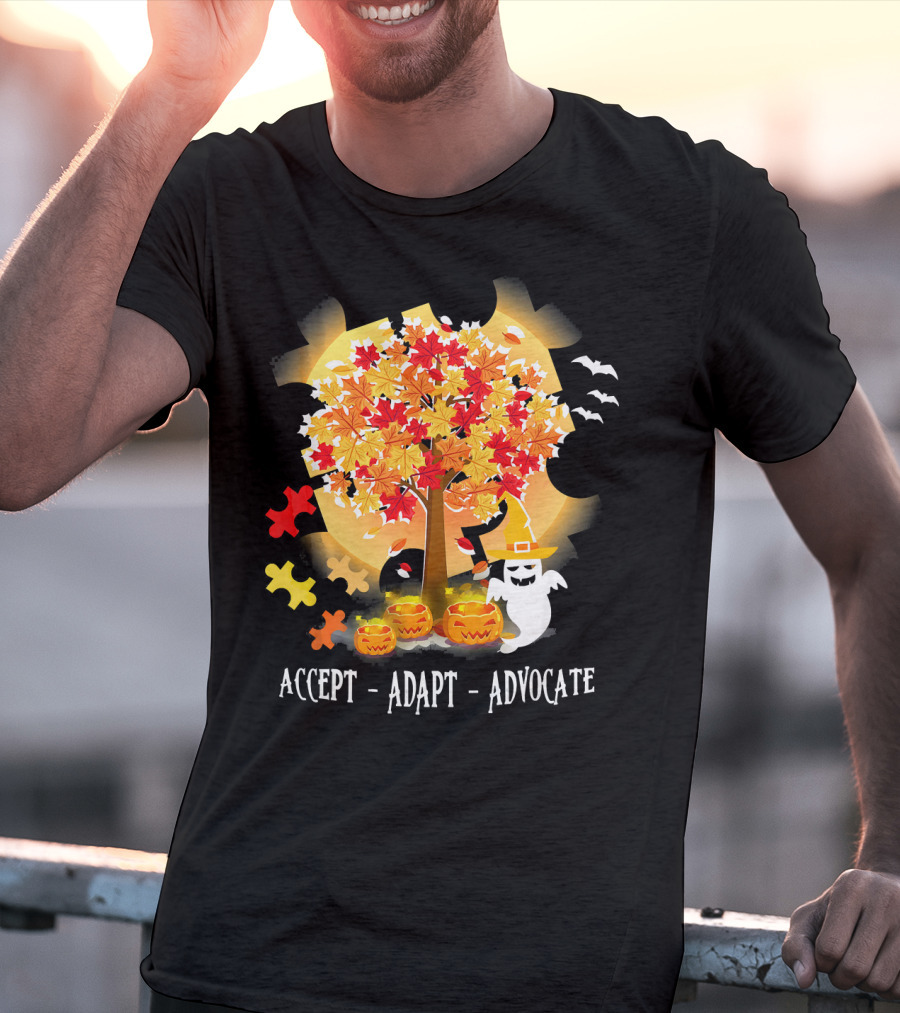 Accept Adapt Advocate Halloween Autism Awareness Ghost Pumpkin Puzzle Bats T-Shirt