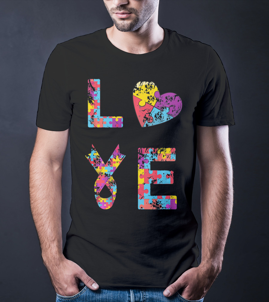 Autism Awareness Love Puzzle Heart Ribbon Design For Women Men Kids Rib T-Shirt