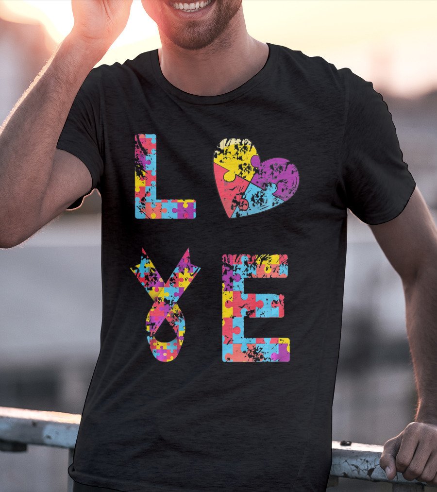 Autism Awareness Love Puzzle Heart Ribbon Design For Women Men Kids Rib T-Shirt