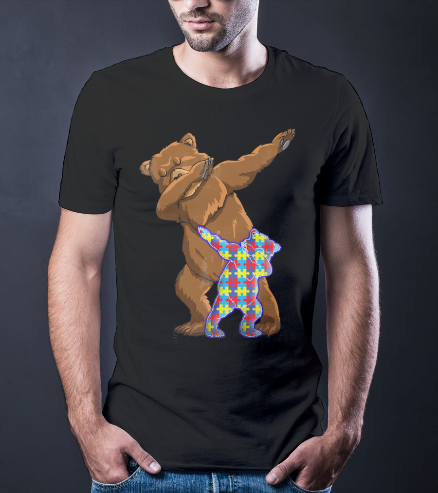 Dabbing Mama Bear With Autism Puzzle Pattern Cub T-Shirt