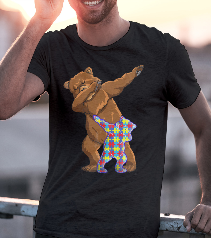 Dabbing Mama Bear With Autism Puzzle Pattern Cub T-Shirt